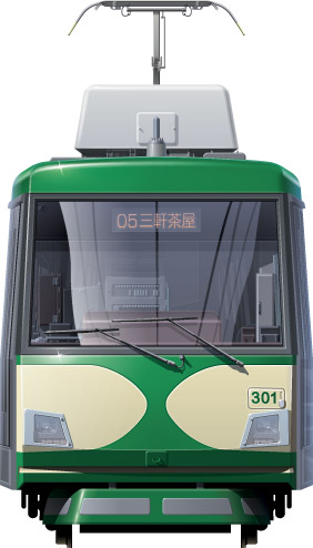 }300n@ʃCXg@ʃCXg@cJ@tgr[CXg@TChr[CXg@Hʓdԁ@Tokyu Tram Setagaya Line illustration sideview front view