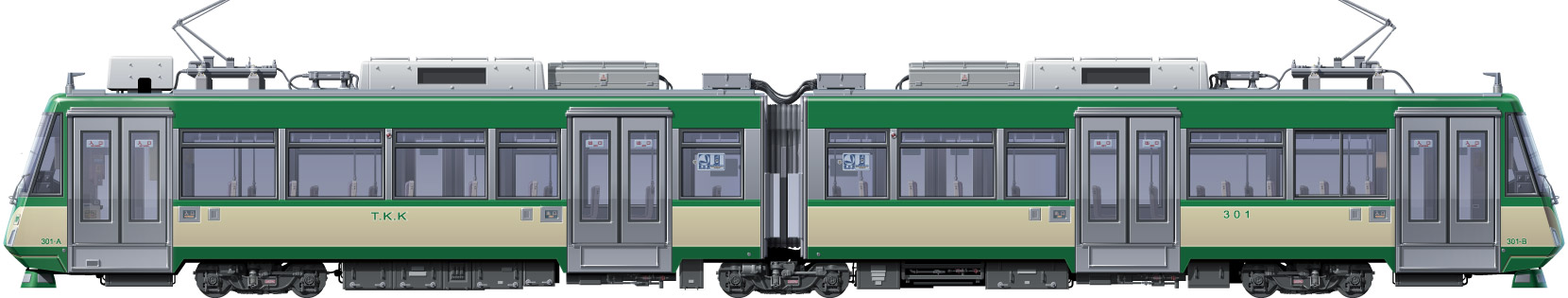 }300n@ʃCXg@ʃCXg@cJ@tgr[CXg@TChr[CXg@Hʓdԁ@Tokyu Tram Setagaya Line illustration sideview front view