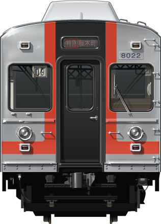 }8000n@ʃCXg@ʃCXg@@䒬@css@tgr[CXg@TChr[CXg@I[EXeXJ[@20m@all stainless car Tokyu Toyoko Line illustration sideview front view